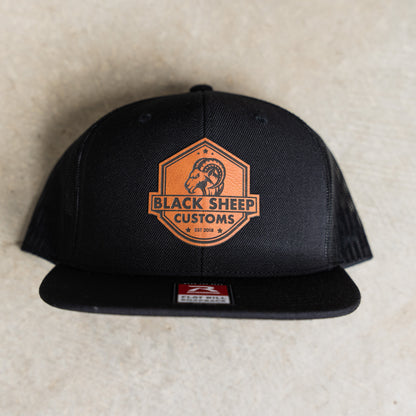 Black Leather Patch Flat Brim Hat